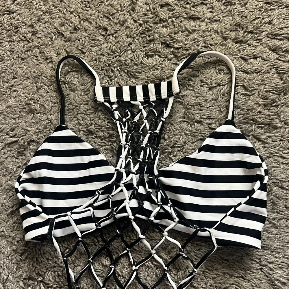 MIKOH Swimwear Xavier Crochet Back One Piece in Black/White Stripe - Picture 4 of 9